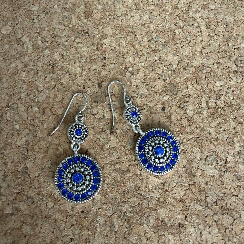 Medallion Mandala Like Fashion Earrings Blue And Silver , shiny, boho-chic